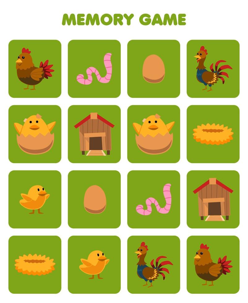 Education game for children memory to find similar pictures of cute cartoon chicken hen worm rooster chick nest egg coop printable farm worksheet vector