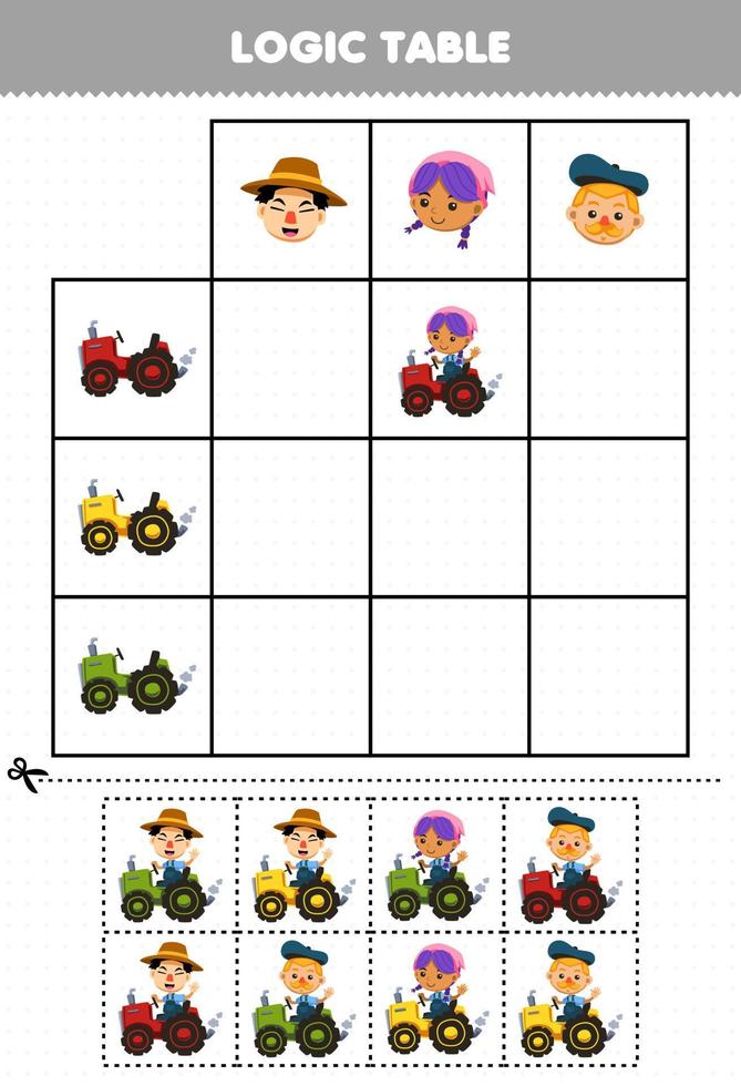 Education game for children logic table cut and match of cute cartoon farmer and tractor picture printable farm worksheet vector