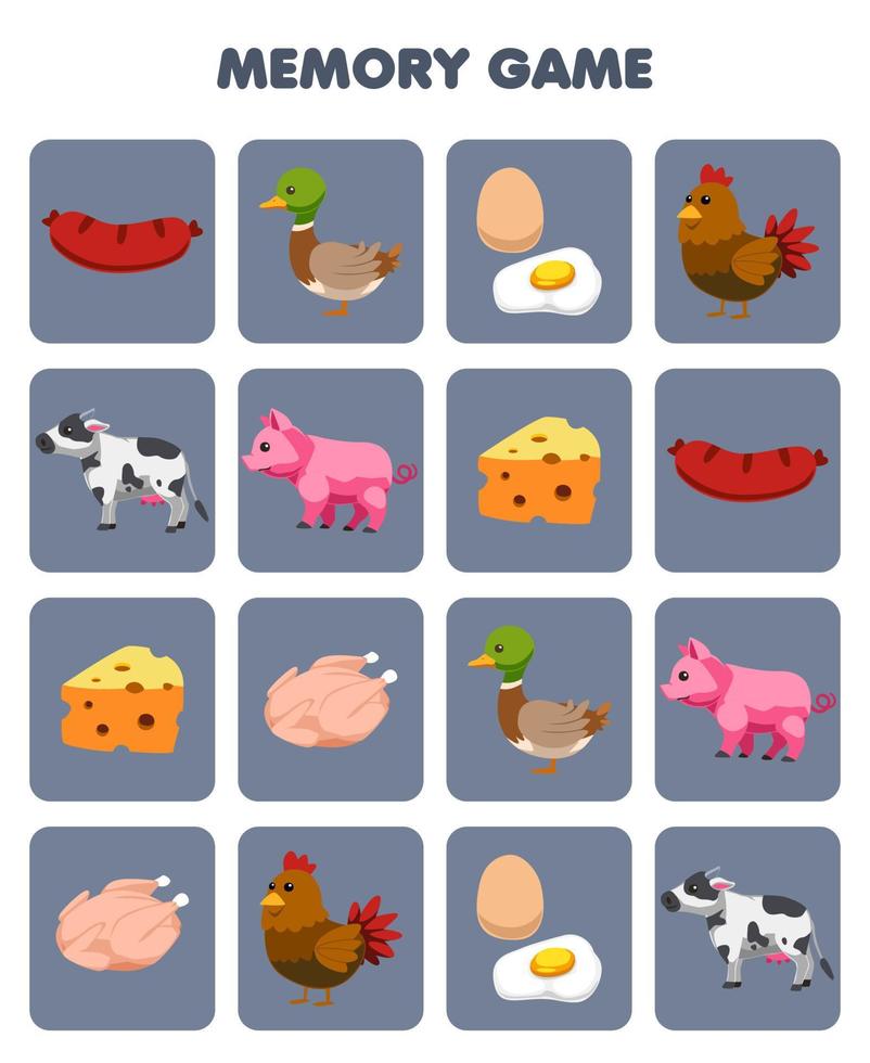 Education game for children memory to find similar pictures of cute cartoon sausage duck egg chicken meat cow pig cheese printable farm worksheet vector