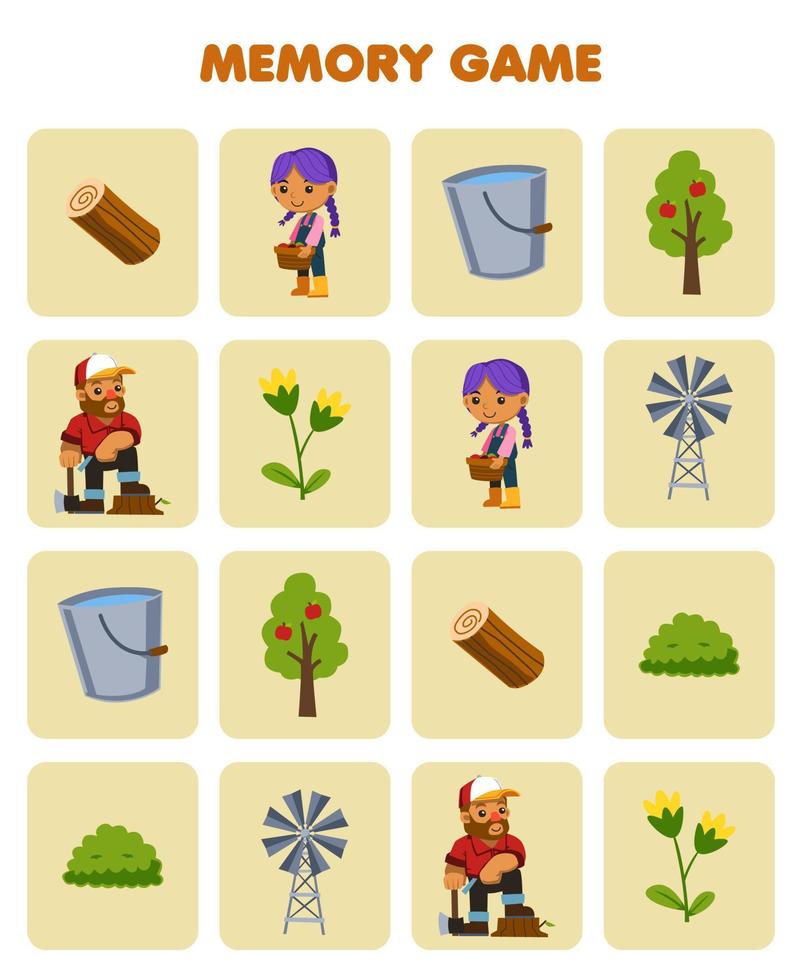 Education game for children memory to find similar pictures of cute cartoon wood log farmer girl bucket tree woodcutter windmill printable farm worksheet vector