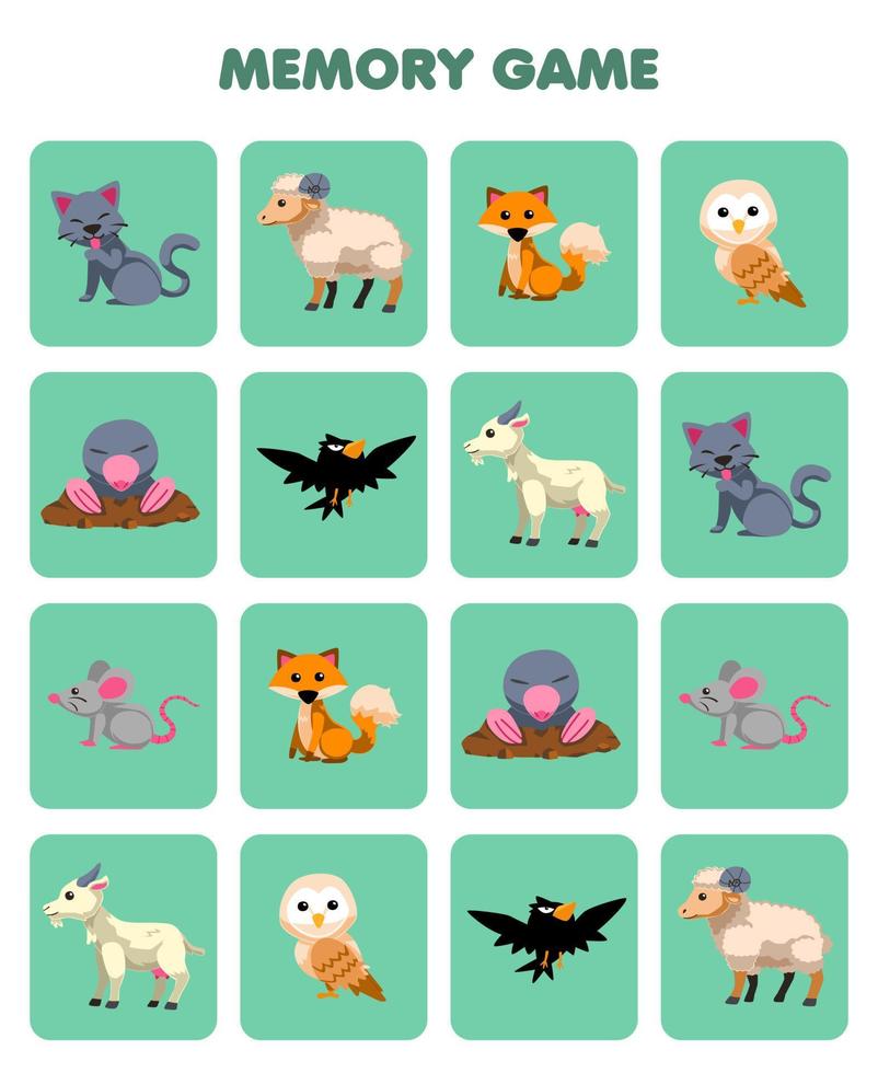 Education game for children memory to find similar pictures of cute cartoon cat sheep fox owl mole crow goat mouse printable farm worksheet vector