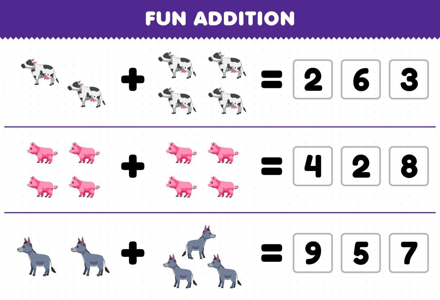 Education game for children fun addition by guess the correct number of cute cartoon cow pig donkey printable farm worksheet vector