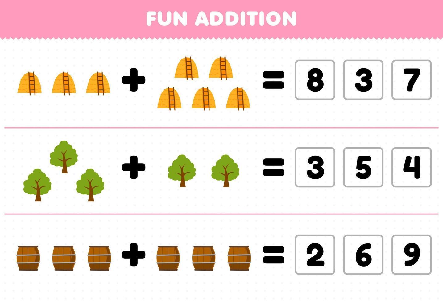 Education game for children fun addition by guess the correct number of cute cartoon haystack tree barrel printable farm worksheet vector