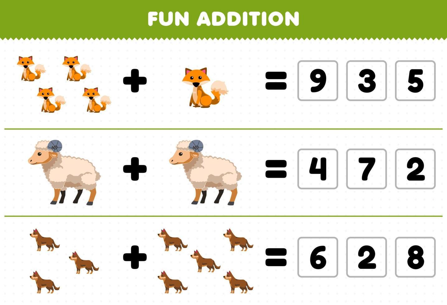 Education game for children fun addition by guess the correct number of cute cartoon fox sheep dog printable farm worksheet vector