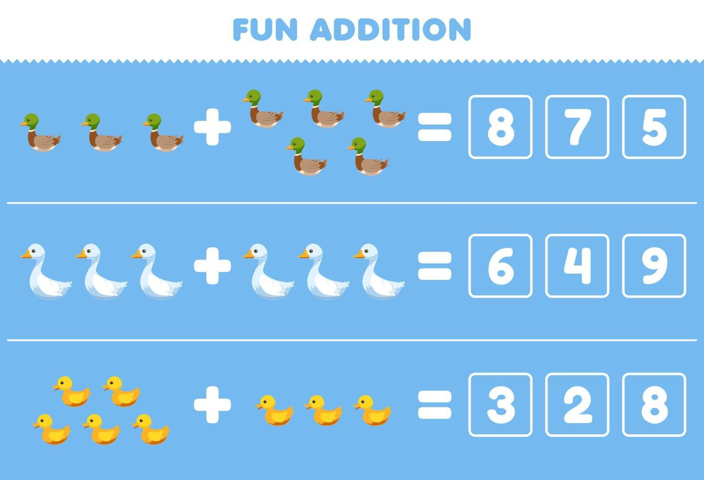 Education game for children fun addition by guess the correct number of cute cartoon duck duckling goose printable farm worksheet vector
