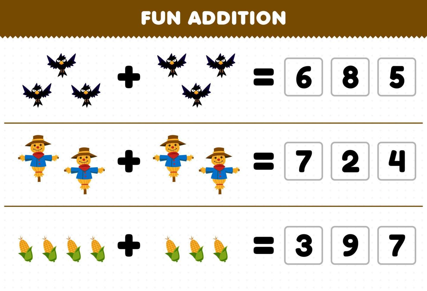 Education game for children fun addition by guess the correct number of cute cartoon crow scarecrow corn printable farm worksheet vector