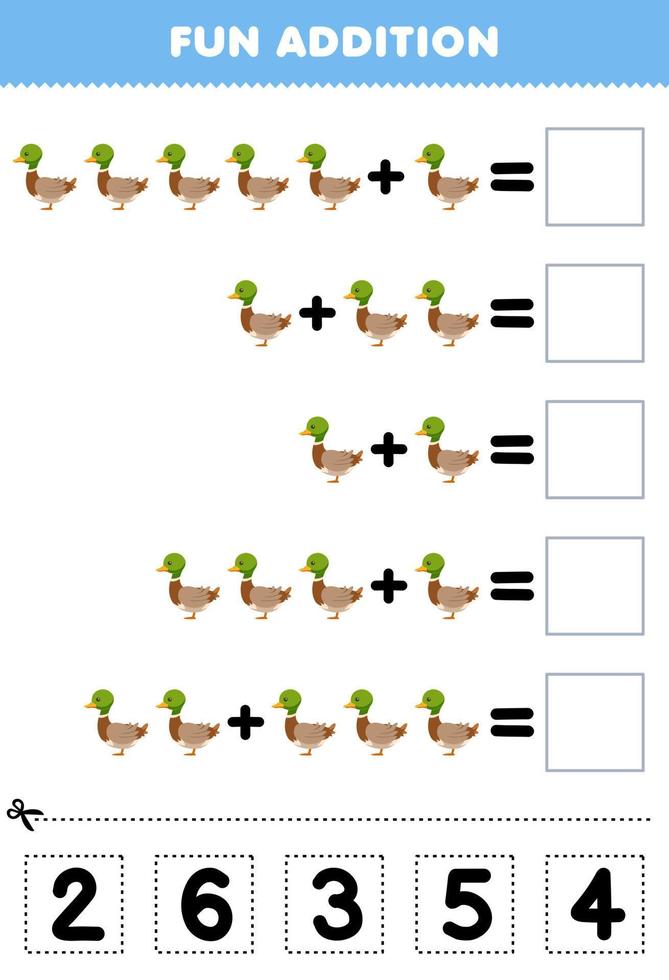 Education game for children fun addition by cut and match correct number for cartoon duck printable farm worksheet vector