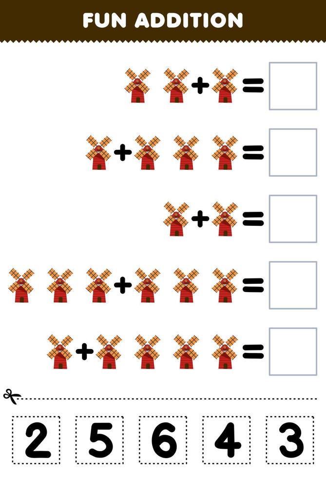 juego educativo para niños divertido además de cortar y combinar el número correcto para la hoja de trabajo de la granja imprimible del molino de viento de dibujos animados vector