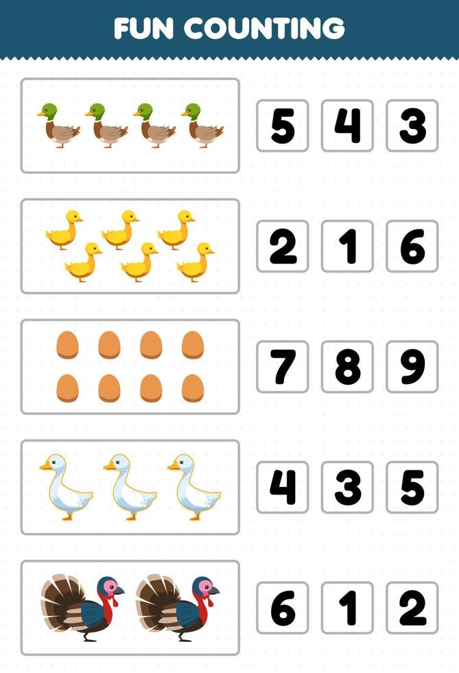 Education game for children fun counting and choosing the correct number of cute cartoon duck egg goose turkey printable farm worksheet vector