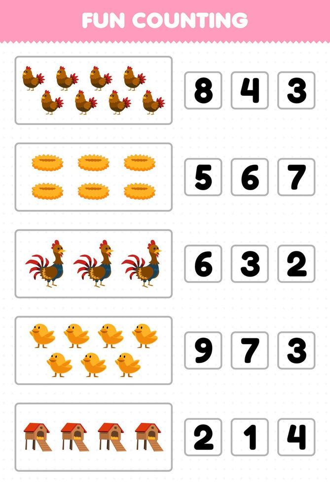 Education game for children fun counting and choosing the correct number of cute cartoon chicken hen nest rooster chick coop printable farm worksheet vector