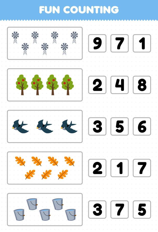 Education game for children fun counting and choosing the correct number of cute cartoon windmill tree bird leaf bucket printable farm worksheet vector