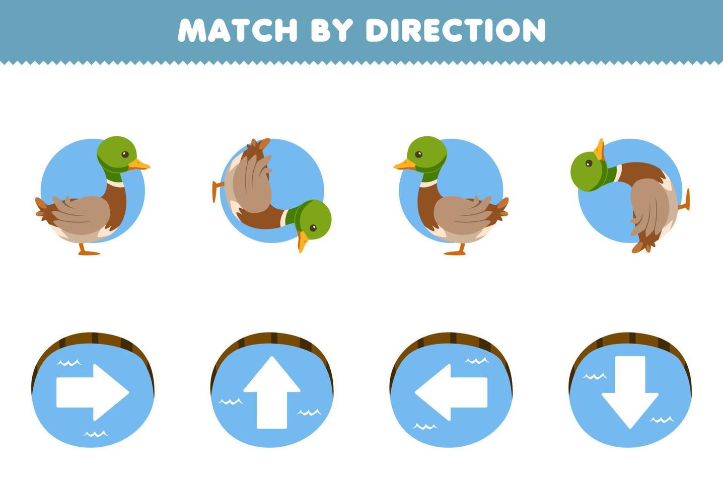 Education game for children match by direction left right up or down orientation of cute cartoon duck printable farm worksheet vector