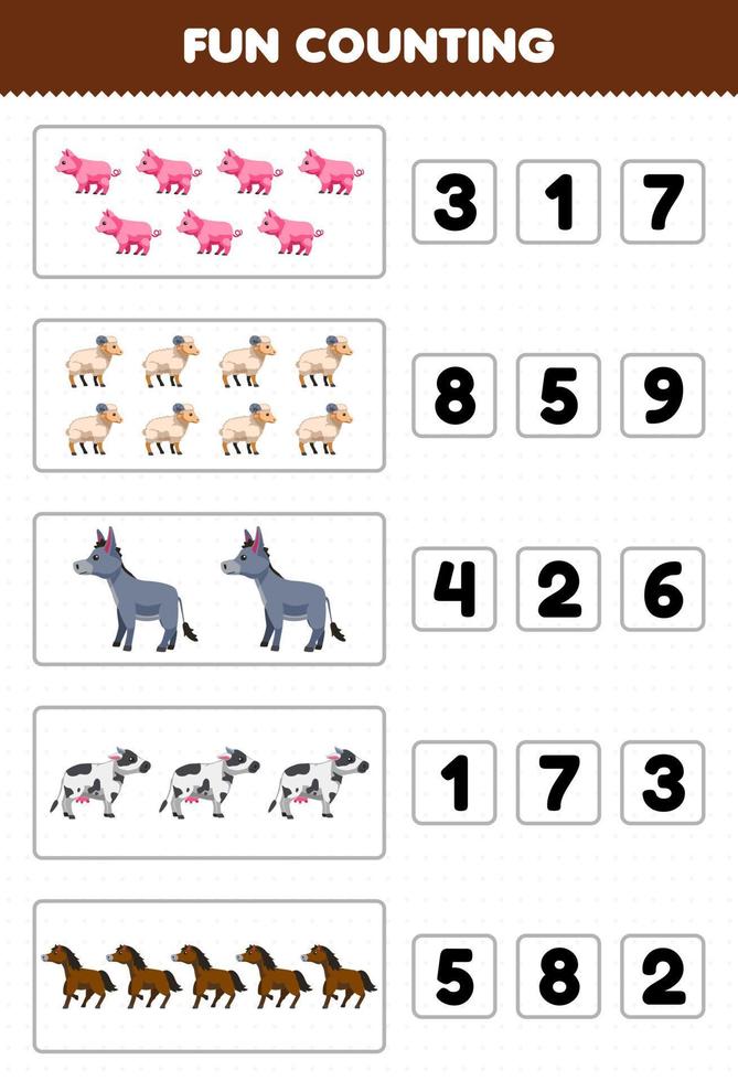 divertido juego educativo para niños contando y eligiendo el número correcto de lindos dibujos animados cerdo oveja burro vaca caballo hoja de trabajo de granja imprimible vector