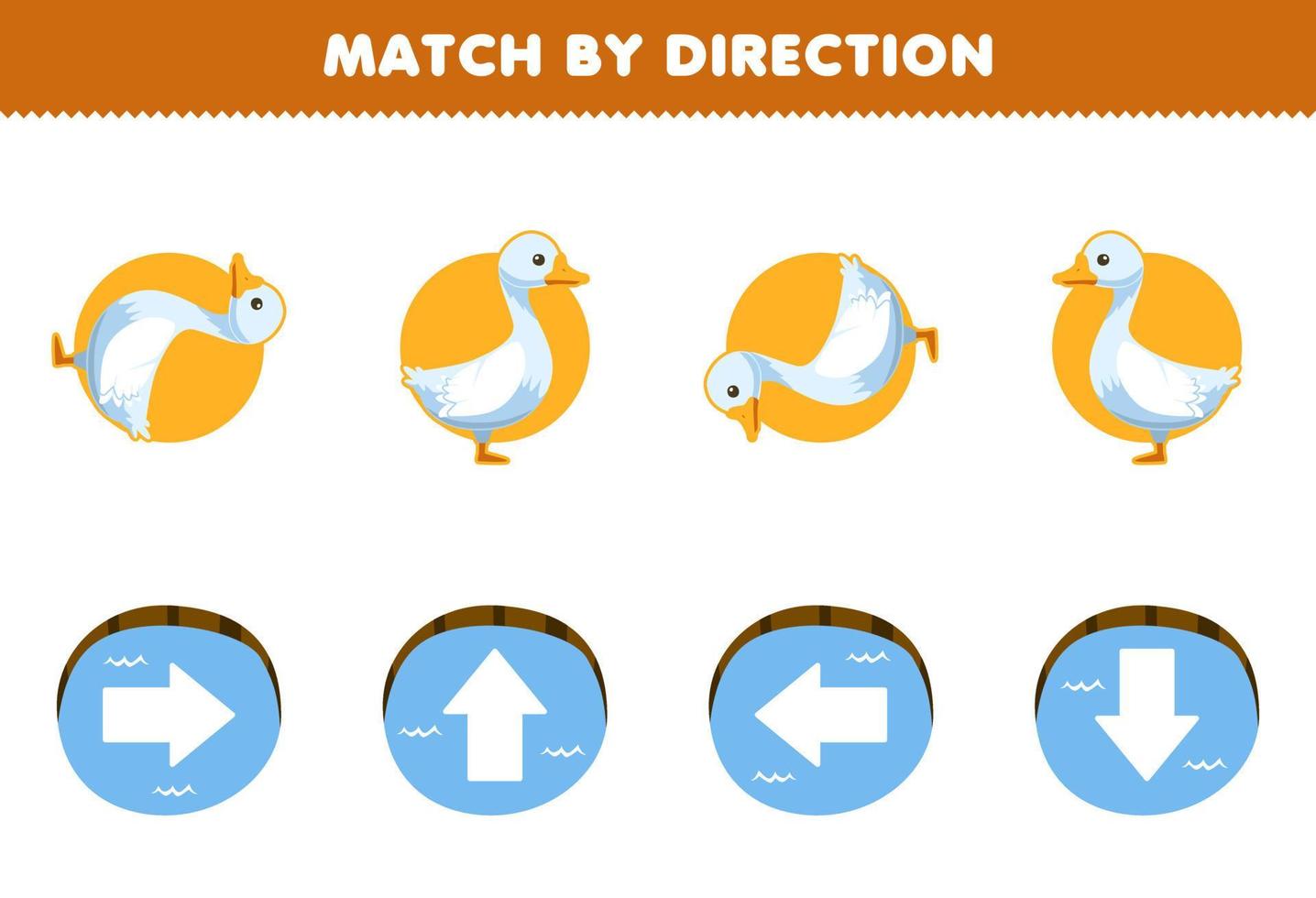 Education game for children match by direction left right up or down orientation of cute cartoon goose printable farm worksheet vector