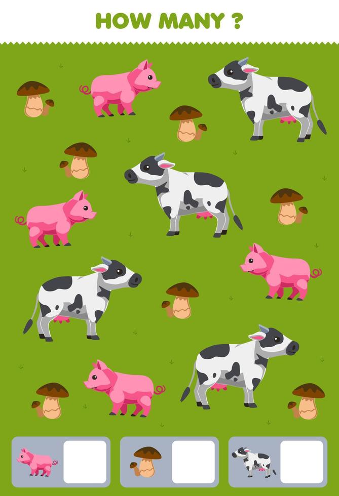 Education game for children searching and counting how many objects of cute cartoon pig mushroom cow printable farm worksheet vector