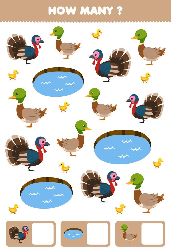 Education game for children searching and counting how many objects of cute cartoon turkey duck pond printable farm worksheet vector
