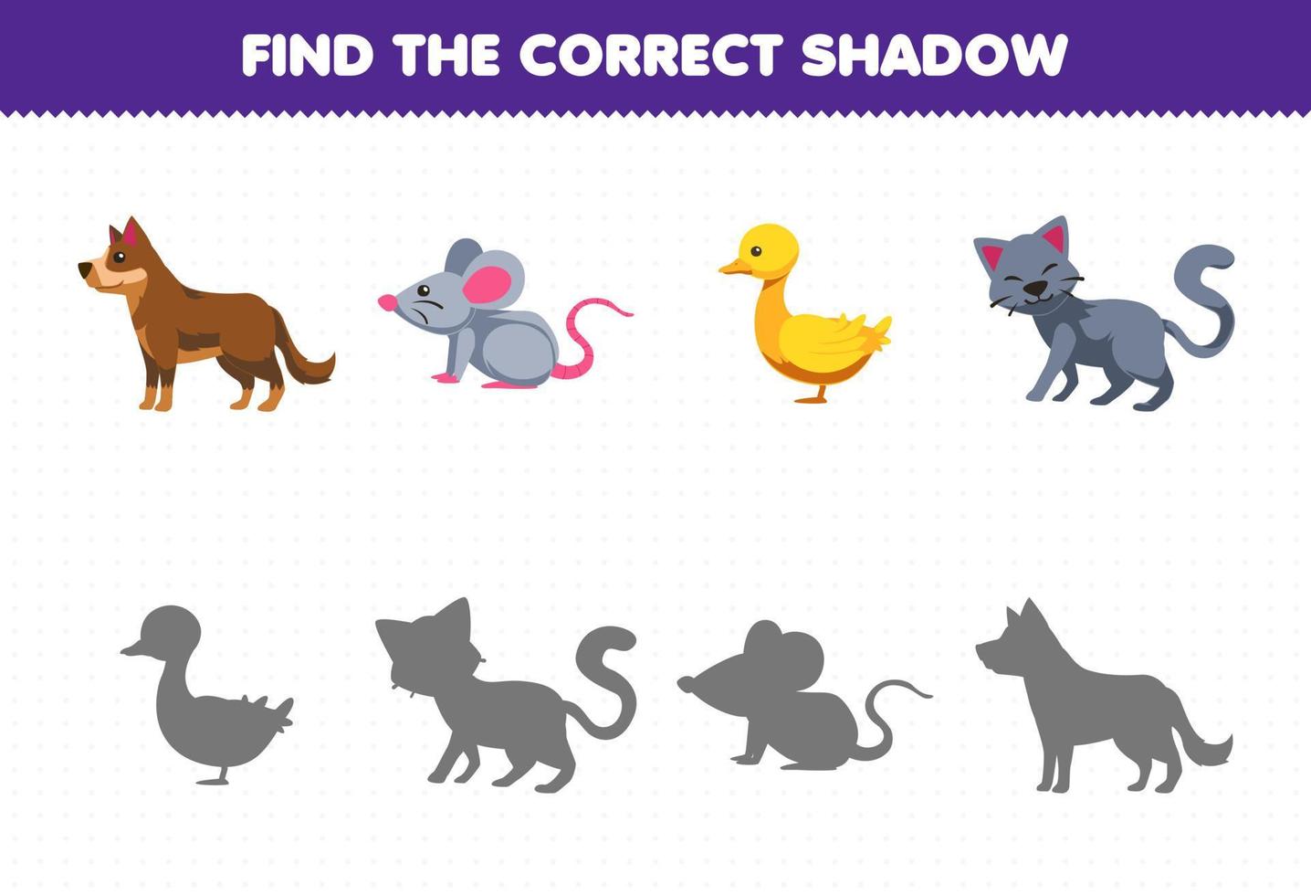 Education game for children find the correct shadow set of cute cartoon dog mouse duck cat printable farm worksheet vector