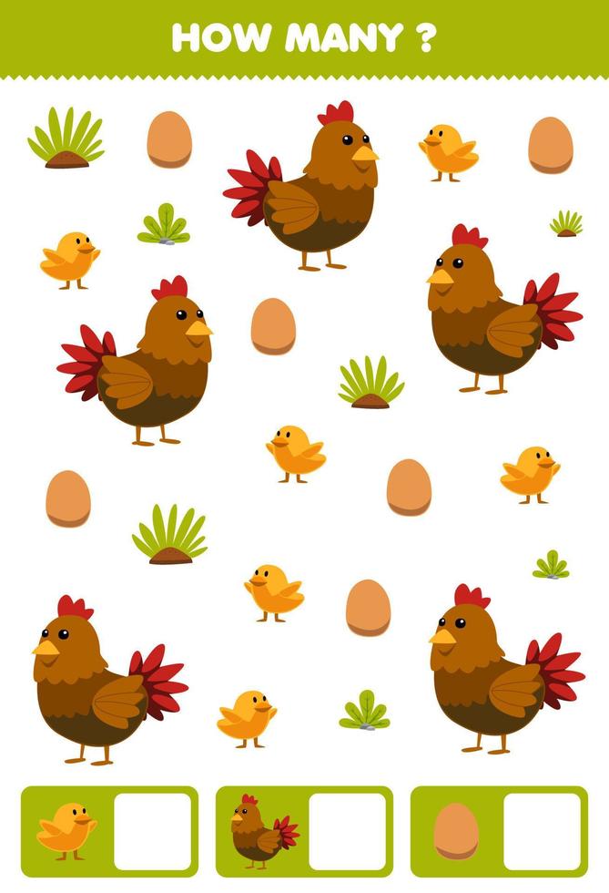 juego educativo para niños buscando y contando cuántos objetos de la hoja de trabajo imprimible de la granja de dibujos animados lindo pollo gallina pollito huevo vector
