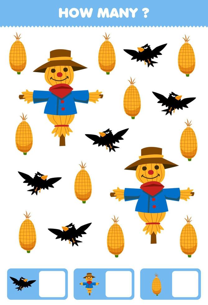 Education game for children searching and counting how many objects of cute cartoon scarecrow crow corn printable farm worksheet vector