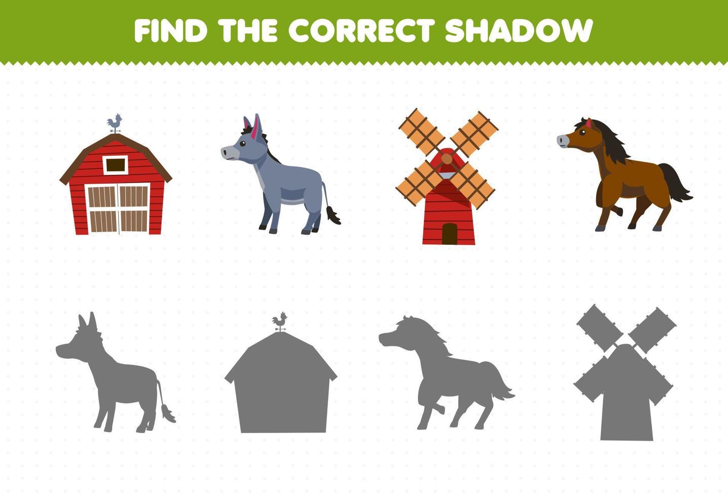 juego educativo para niños encontrar la sombra correcta conjunto de dibujos animados lindo granero burro molino de viento caballo hoja de trabajo de granja imprimible vector