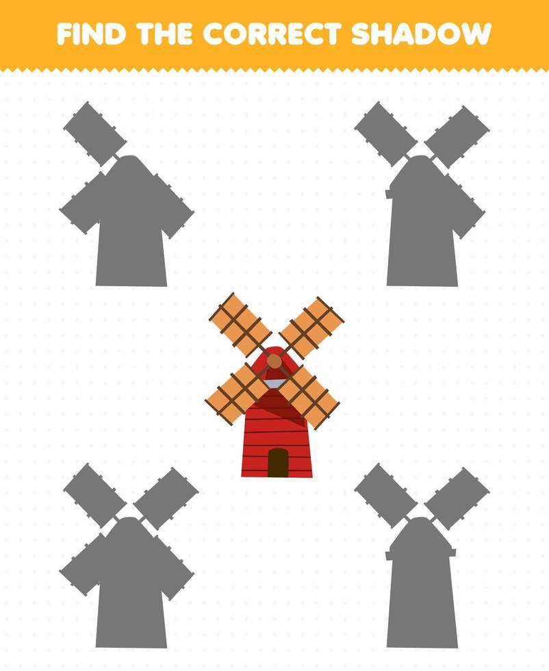 Education game for children find the correct shadow set of cute cartoon windmill printable farm worksheet vector