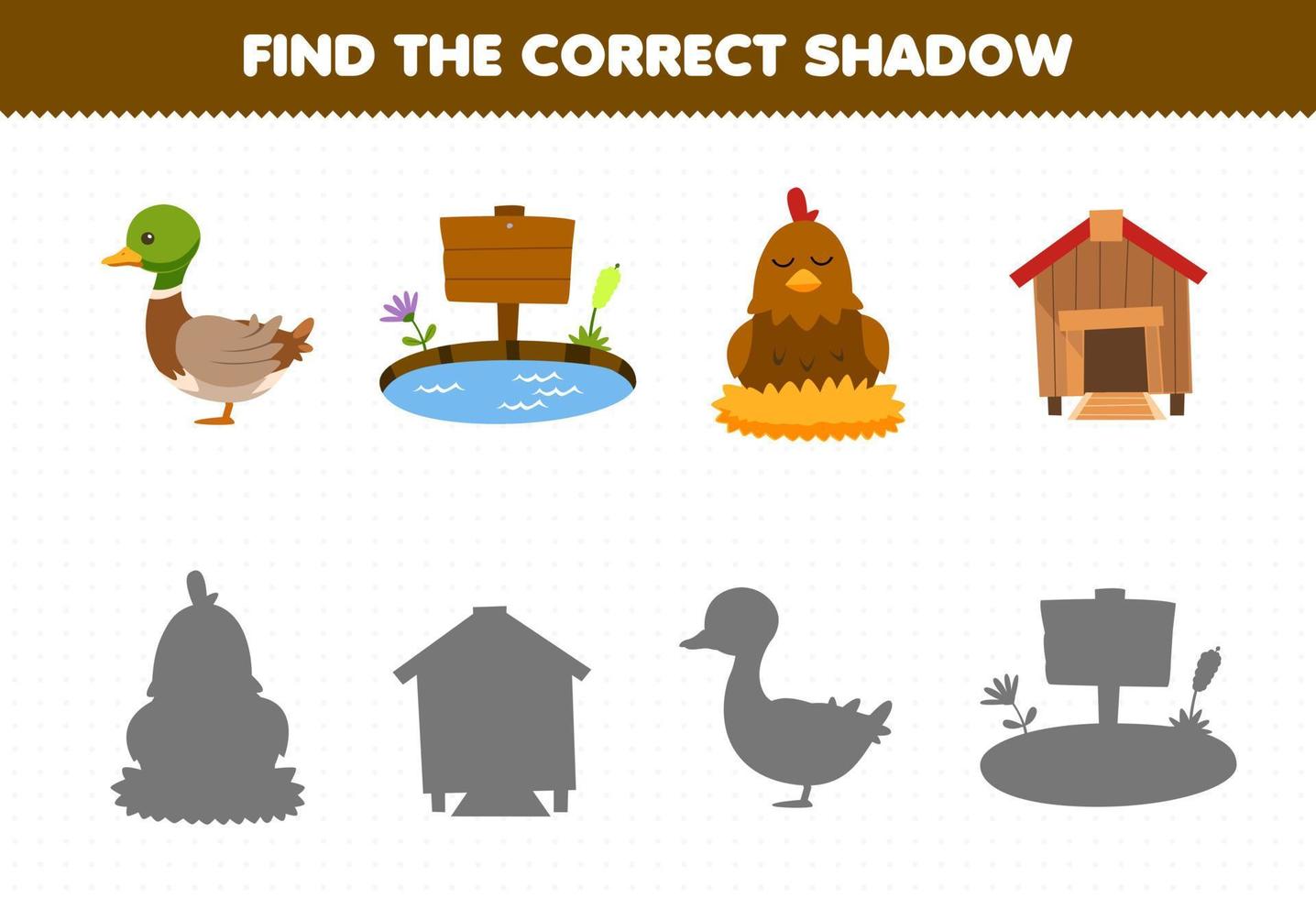 Education game for children find the correct shadow set of cute cartoon duck pond chicken coop printable farm worksheet vector