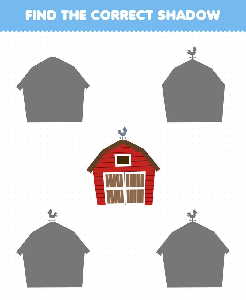 Education game for children find the correct shadow set of cute cartoon barn printable farm worksheet vector