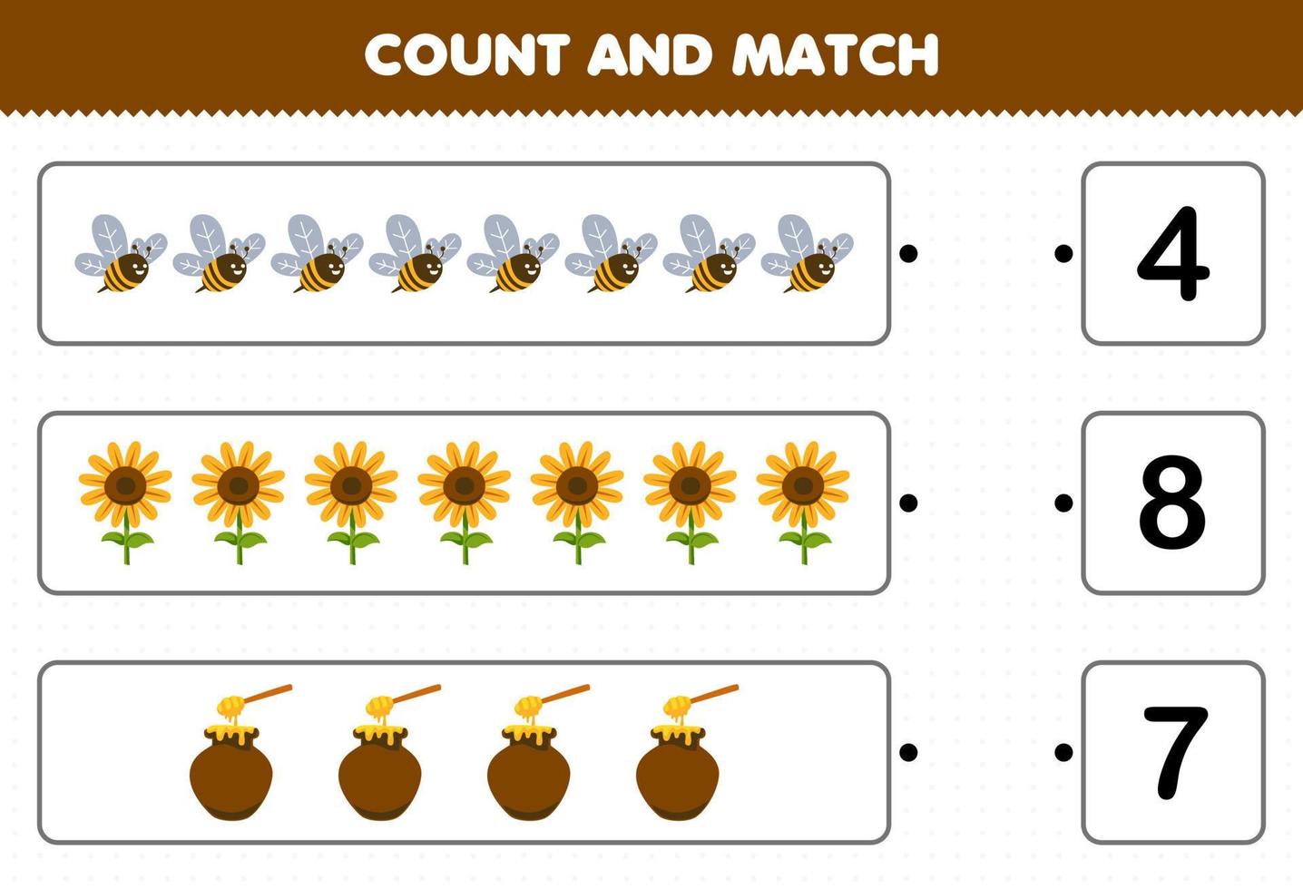 Education game for children count the number of cute cartoon bee sunflower honey jar and match with the right numbers printable farm worksheet vector