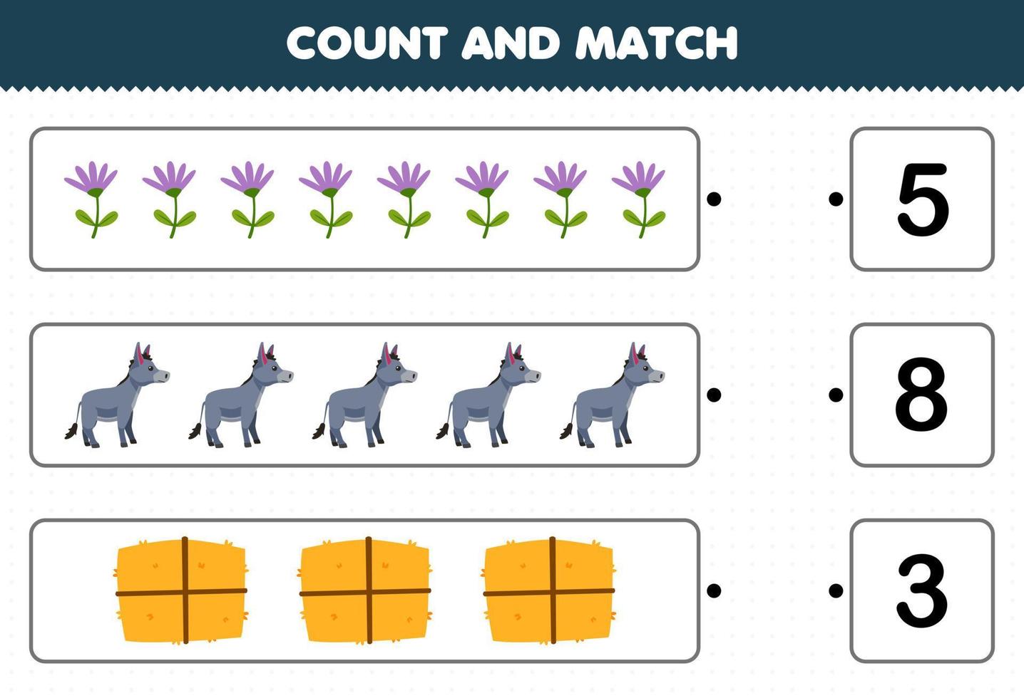 Education game for children count the number of cute cartoon flower donkey hay and match with the right numbers printable farm worksheet vector