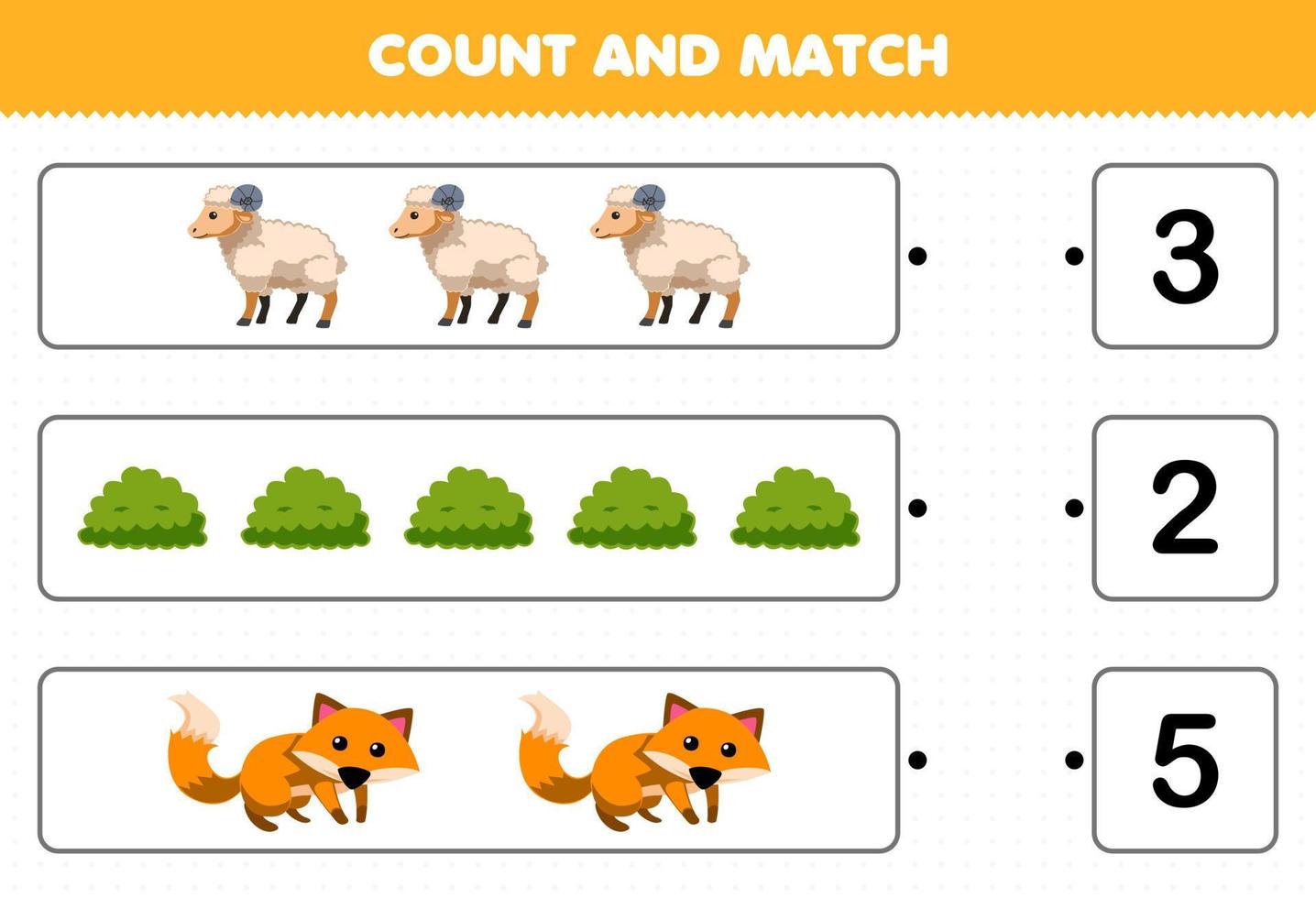 Education game for children count the number of cute cartoon sheep bush fox and match with the right numbers printable farm worksheet vector