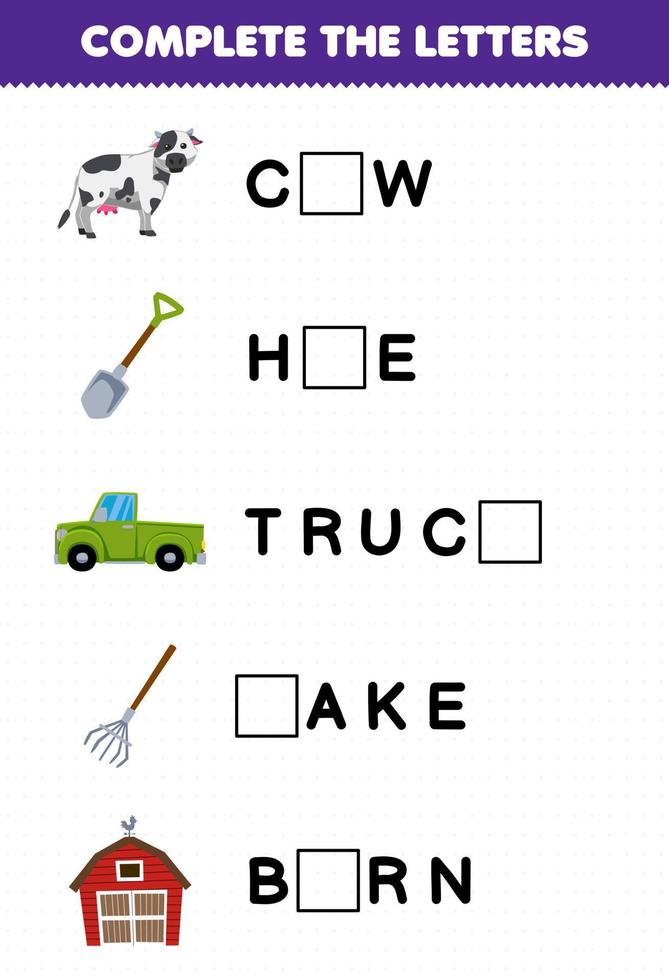 juego educativo para niños completar las letras de dibujos animados lindo vaca azada camión rastrillo granero hoja de trabajo de granja imprimible vector
