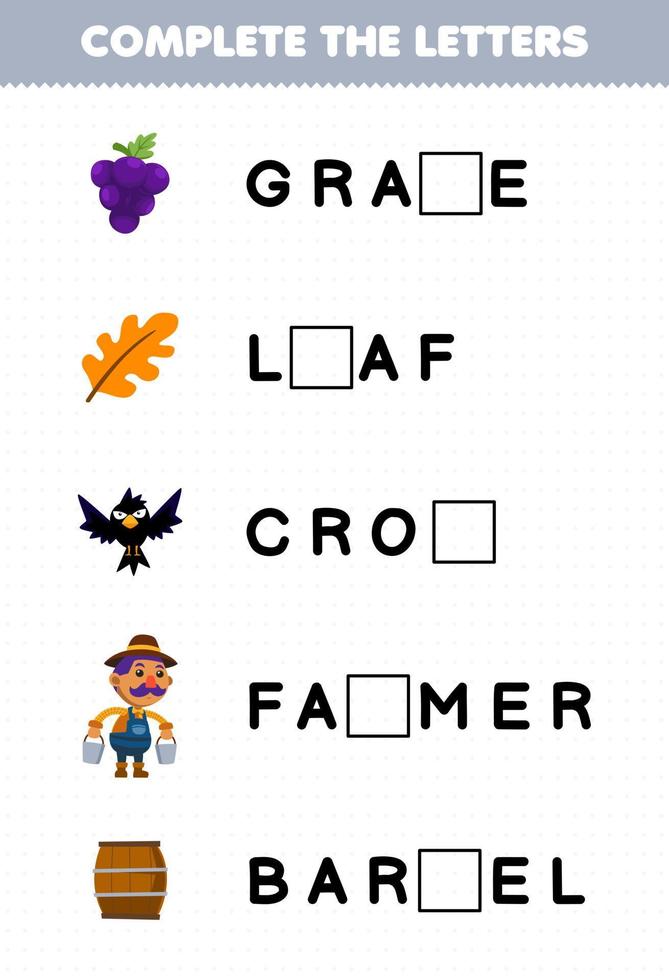 juego educativo para niños completar las letras de dibujos animados lindo hoja de uva cuervo agricultor barril hoja de trabajo de granja imprimible vector