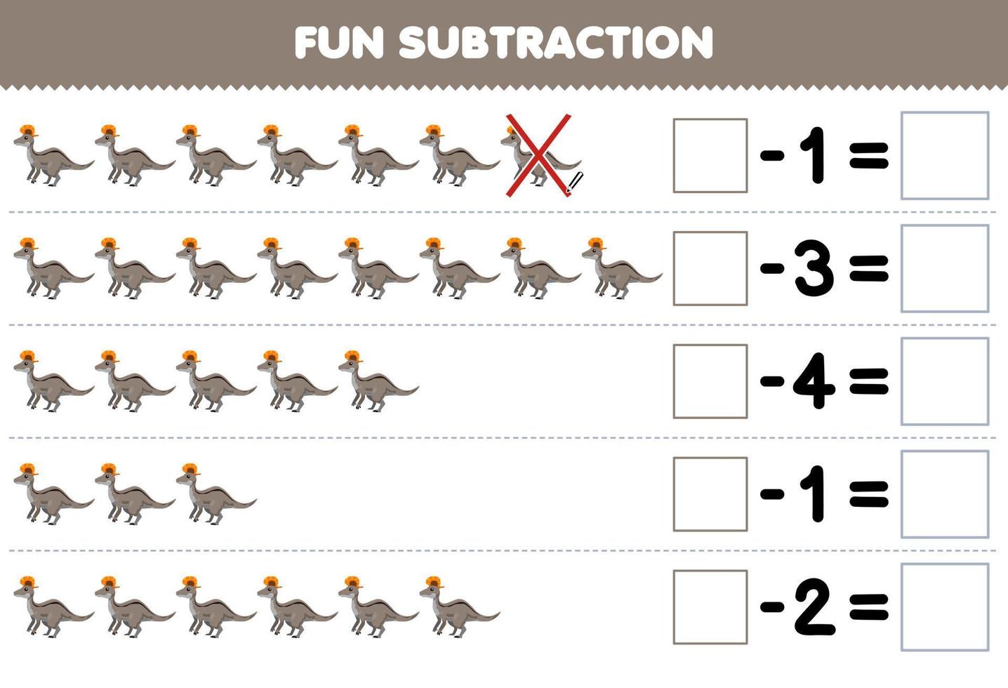 Education game for children fun subtraction by counting cute cartoon lambeosaurus in each row and eliminating it printable prehistoric dinosaur worksheet vector
