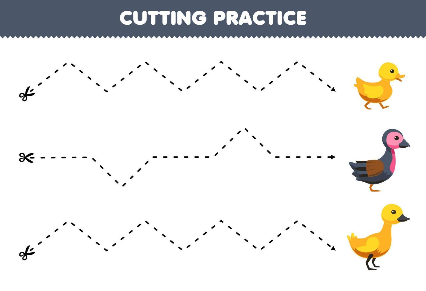Education game for children cutting practice with cute cartoon duck printable animal farm worksheet vector