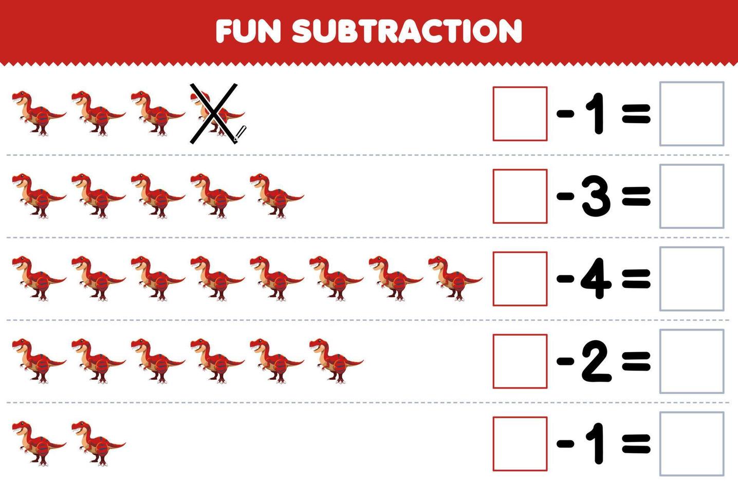 Education game for children fun subtraction by counting cute cartoon tyrannosaurus in each row and eliminating it printable prehistoric dinosaur worksheet vector