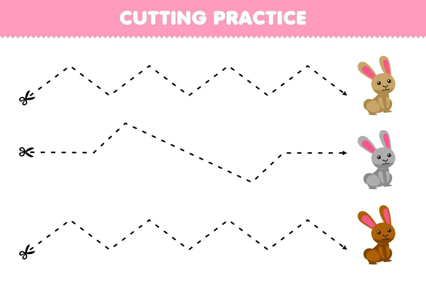 Education game for children cutting practice with cute cartoon rabbit printable animal farm worksheet vector