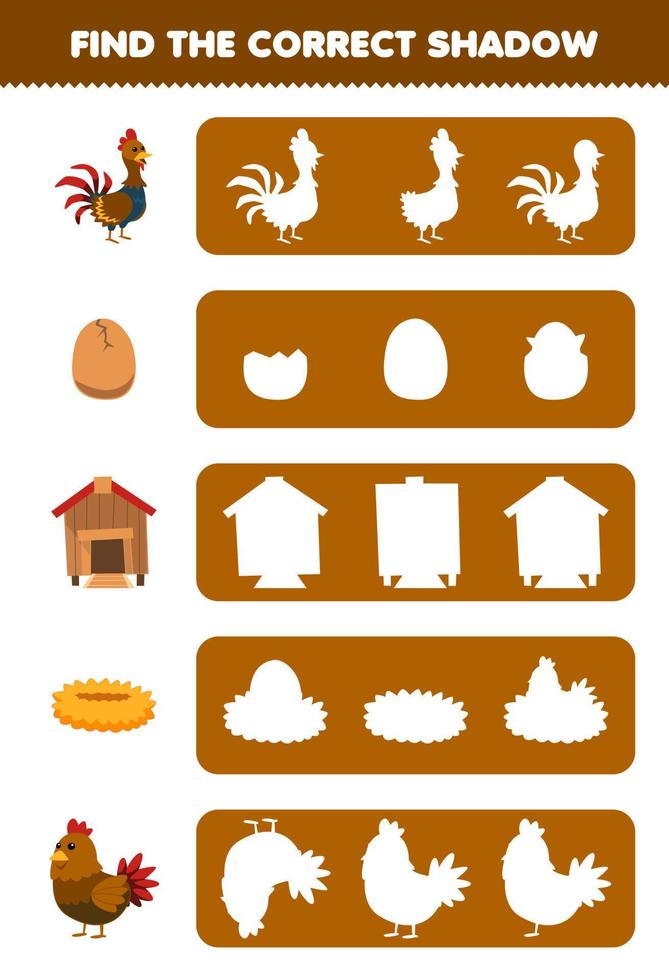 Education game for children find the correct shadow silhouette of cute cartoon chicken rooster nest egg coop nest printable farm worksheet vector