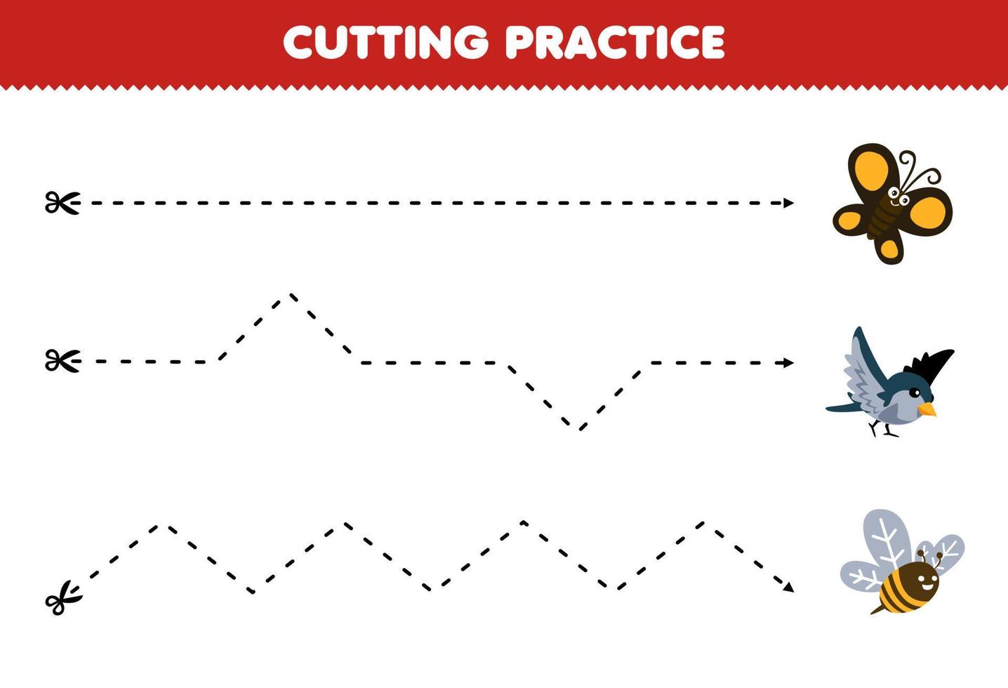 Education game for children cutting practice with cute cartoon butterfly bird bee printable animal farm worksheet vector