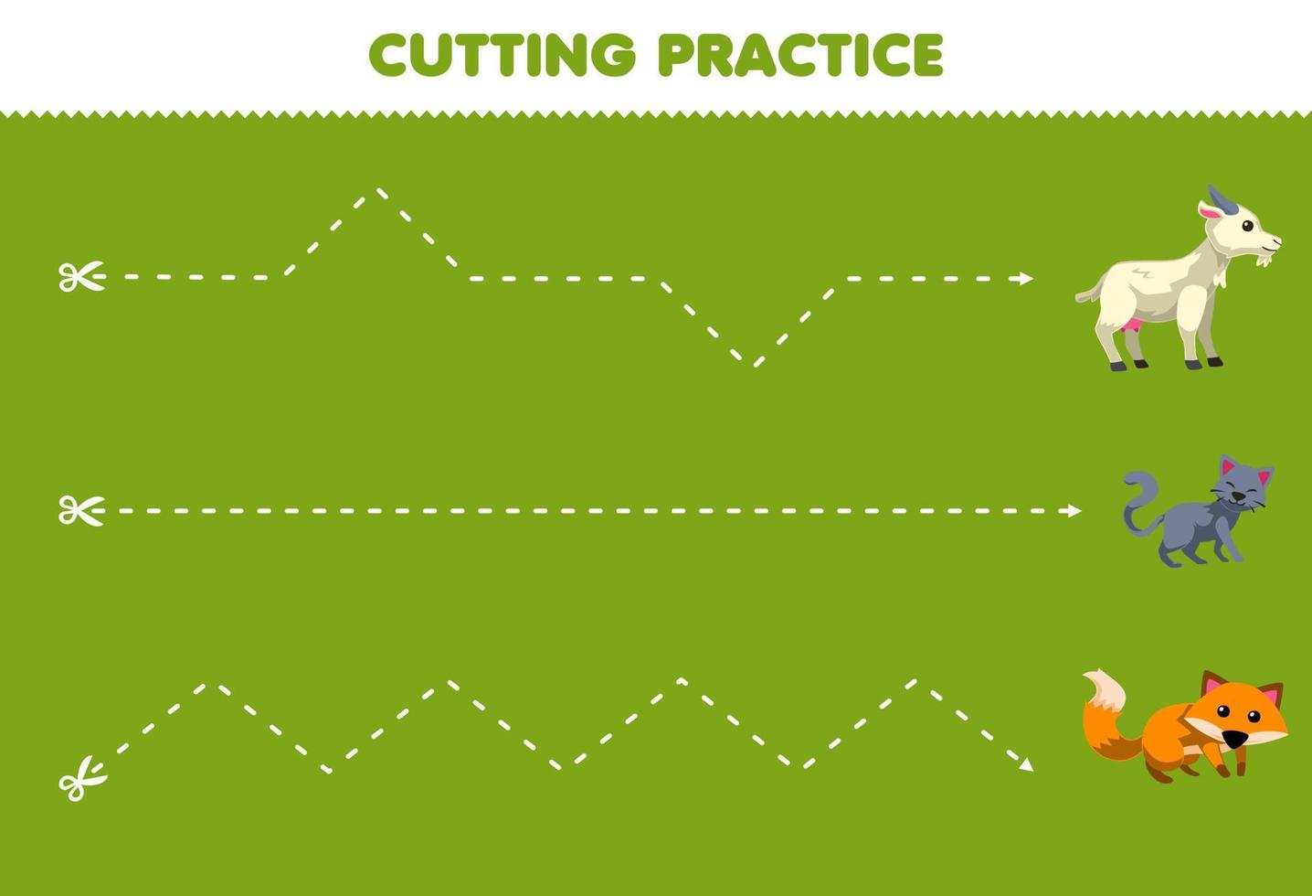 Education game for children cutting practice with cute cartoon goat cat fox printable animal farm worksheet vector