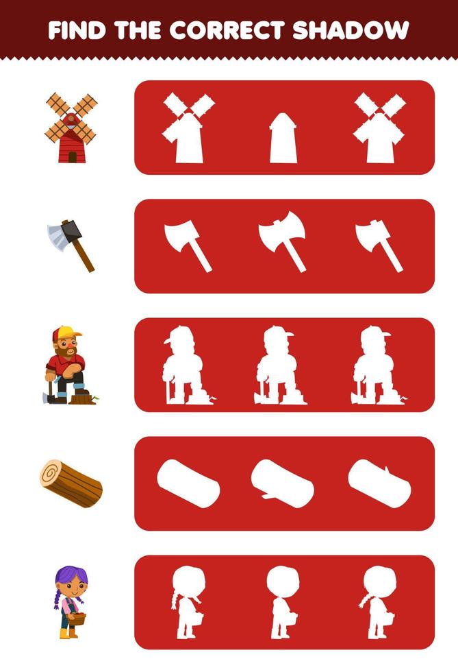 Education game for children find the correct shadow silhouette of cute cartoon windmill ax woodcutter log farmer printable farm worksheet vector