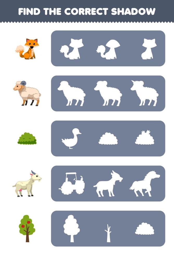 Education game for children find the correct shadow silhouette of cute cartoon fox sheep bush goat tree printable farm worksheet vector