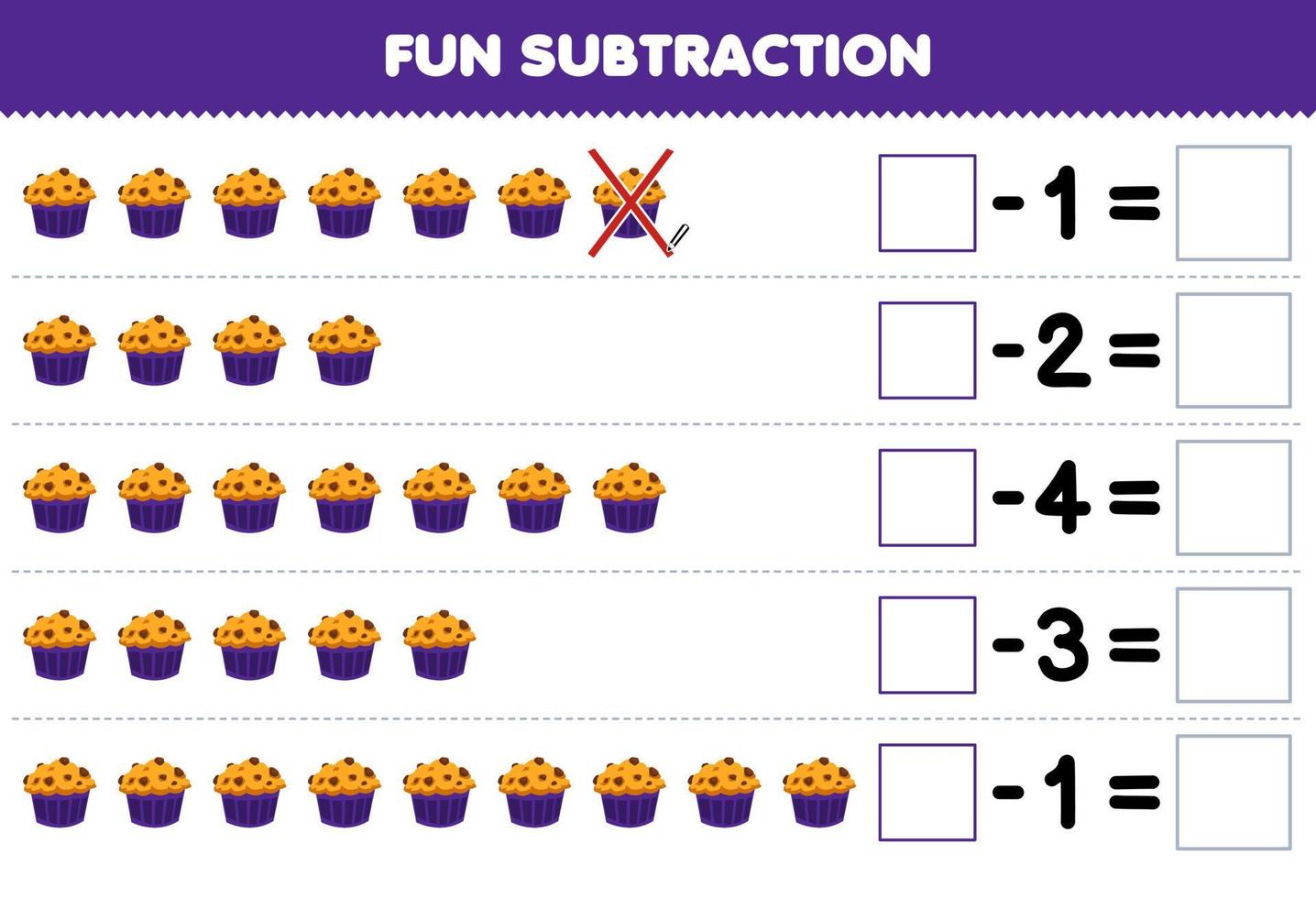 juego educativo para niños diversión resta contando muffin de dibujos animados en cada fila y eliminándolo hoja de trabajo de alimentos imprimible vector