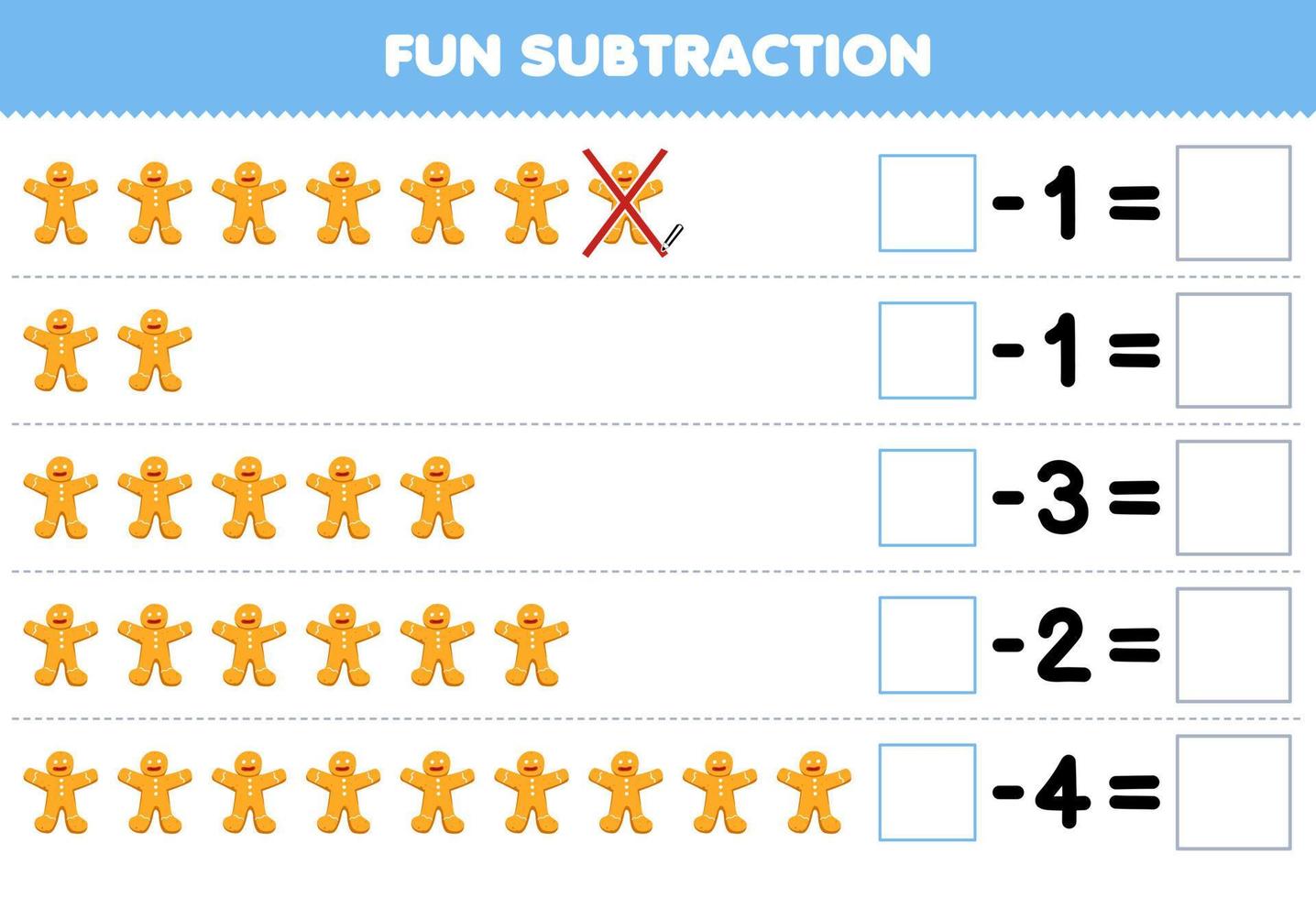 Education game for children fun subtraction by counting cartoon gingerbread in each row and eliminating it printable food worksheet vector