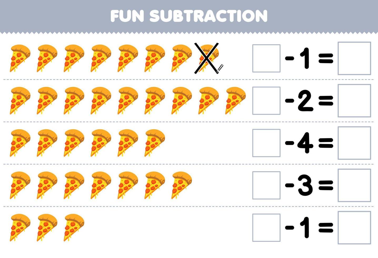 juego educativo para niños resta divertida contando pizza de dibujos animados en cada fila y eliminándola hoja de trabajo de comida imprimible vector