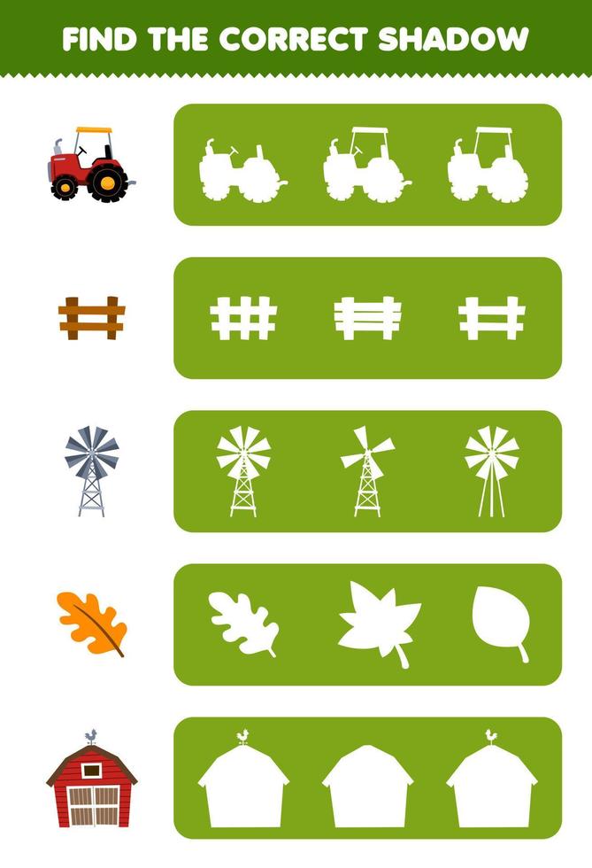 Education game for children find the correct shadow silhouette of cute cartoon tractor fence windmill leaf barn printable farm worksheet vector