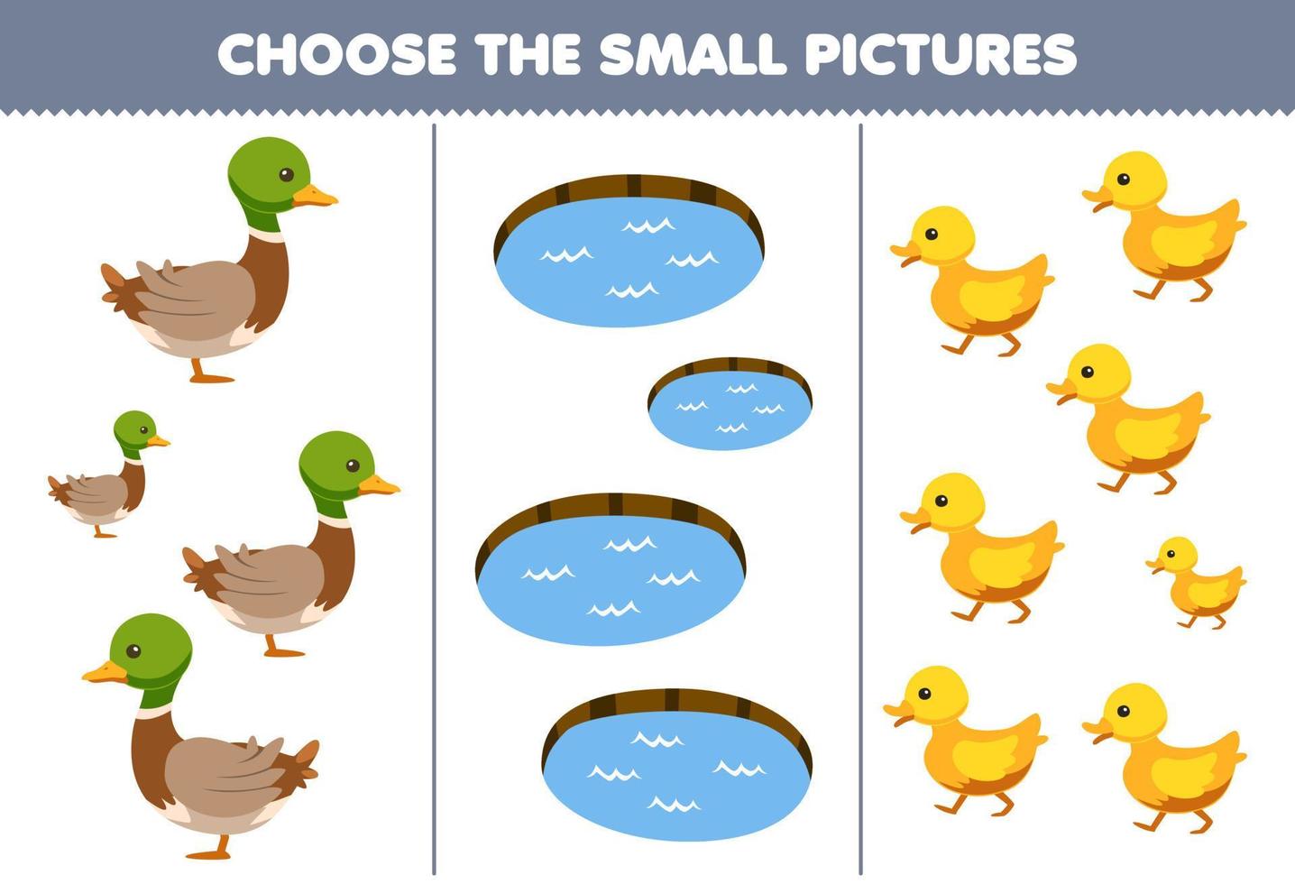 Education game for children choose the small picture of cute cartoon duck pond duckling printable farm worksheet vector