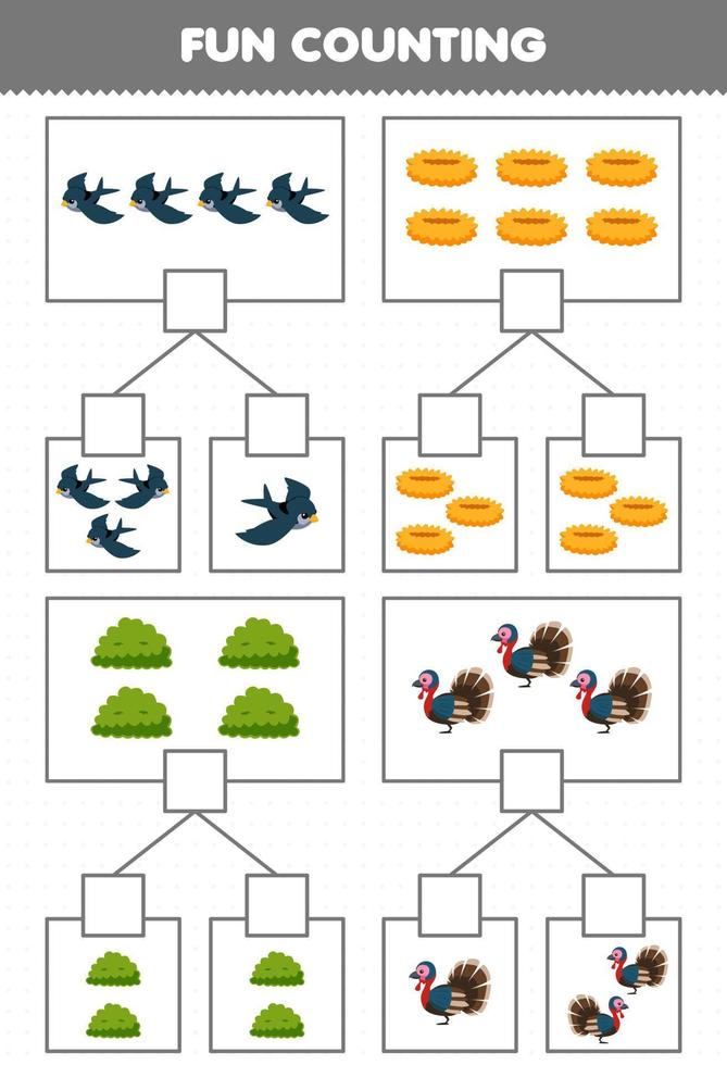 Education game for children fun counting picture in each box of cute cartoon bird nest bush turkey printable farm worksheet vector