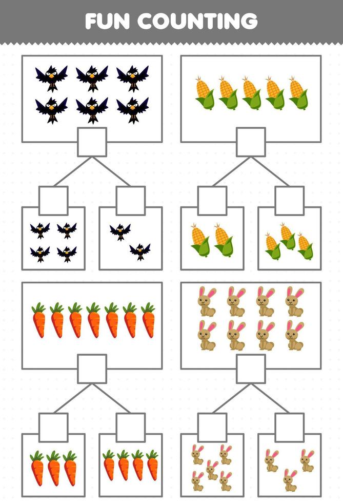 Education game for children fun counting picture in each box of cute cartoon crow corn carrot rabbit printable farm worksheet vector