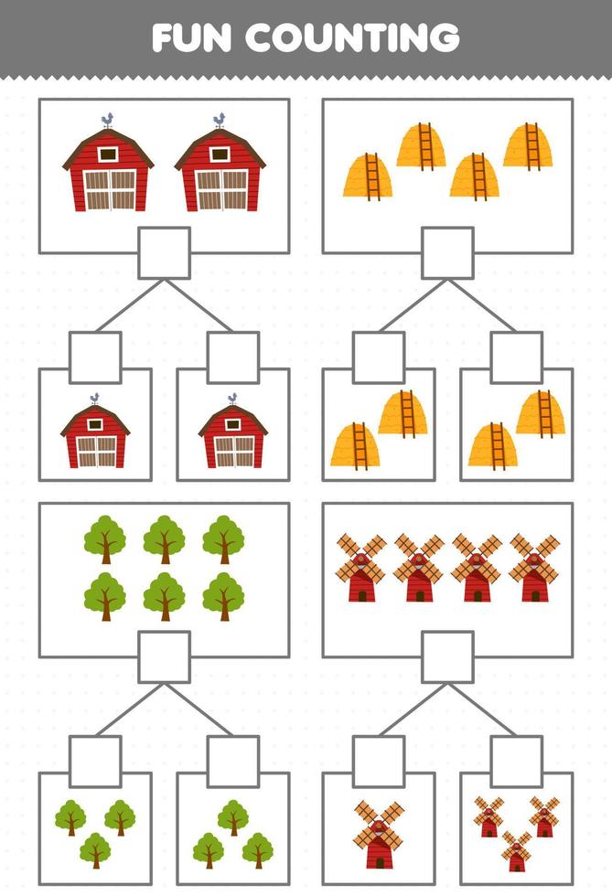 Education game for children fun counting picture in each box of cute cartoon barn haystack tree windmill printable farm worksheet vector