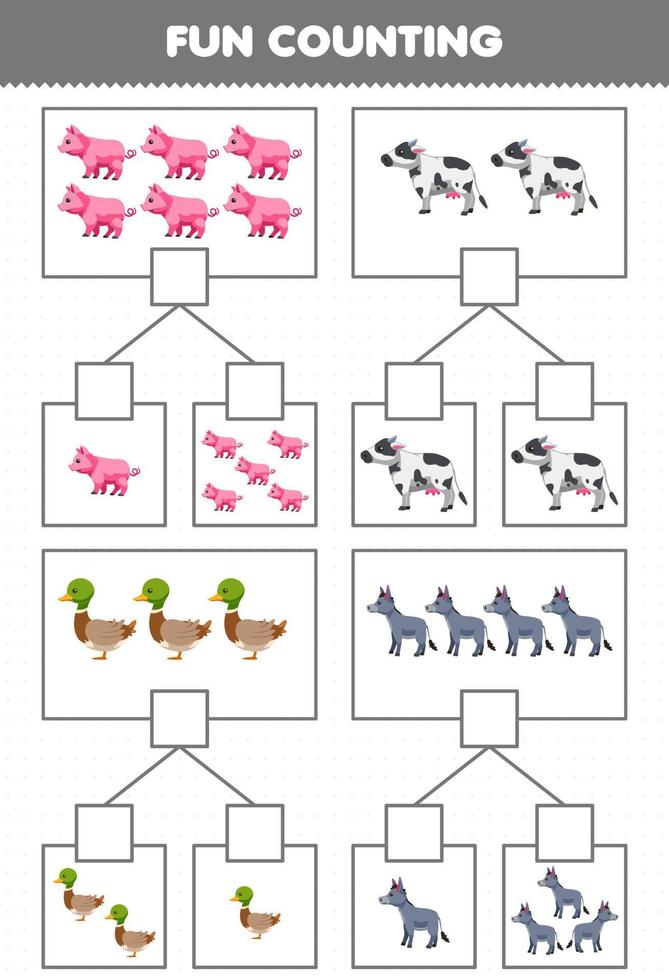 juego educativo para niños diversión contando imagen en cada caja de dibujos animados lindo cerdo vaca pato burro hoja de trabajo de granja imprimible vector